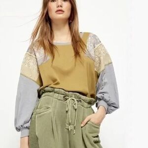 Fee People We The Free Embroidered Oversized Boyfriend Boho Patchwork Top SMALL